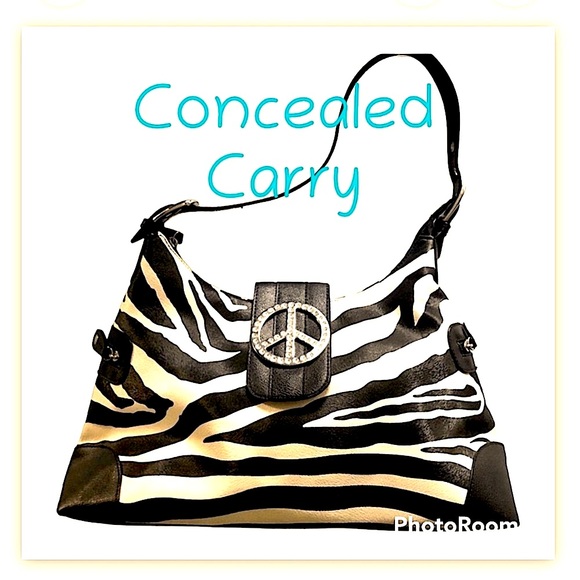 CONCEALED CARRY PURSE ZEBRA PRINT SHOULDER BAG OUTSIDE POCKET PEACE SIGN NEW13X9 - Picture 7 of 12